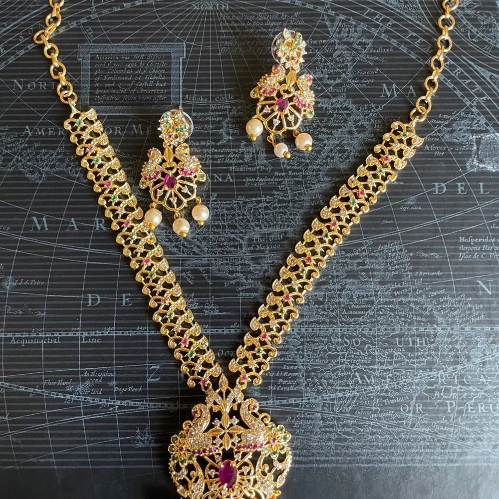 Gold-Tone Floral Pendant Necklace and Earrings Set - Pink and Green Accent